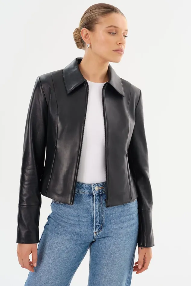 Women OCEANA Fitted Leather Jacket Black LAMARQUE Leather Jackets