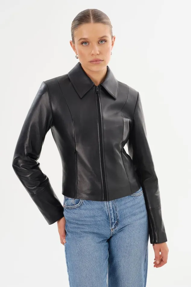 Women OCEANA Fitted Leather Jacket Black LAMARQUE Leather Jackets