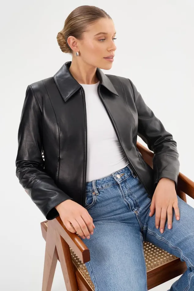 Women OCEANA Fitted Leather Jacket Black LAMARQUE Leather Jackets