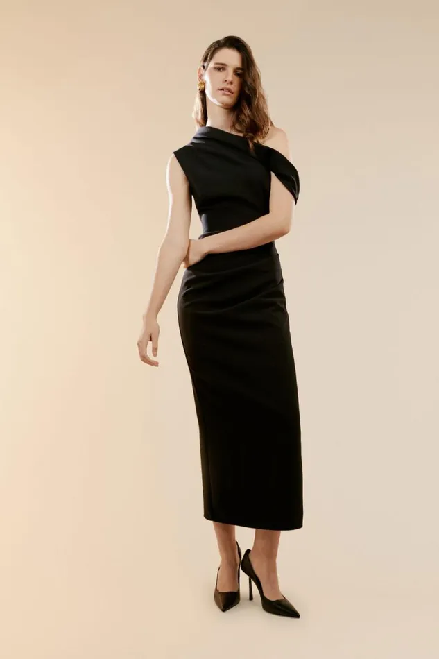 Women Party Dresses Bardot Maeve Asymmetric Midi Dress In Black Black