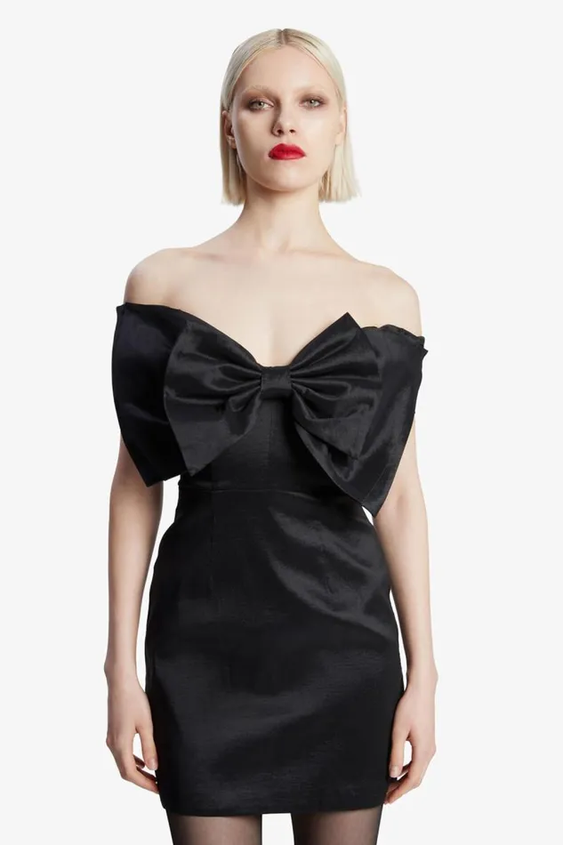 Women Party Dresses Bardot Mini Bow Dress In Black Black Women Party Dresses Bardot Mini Bow Dress In Black Black