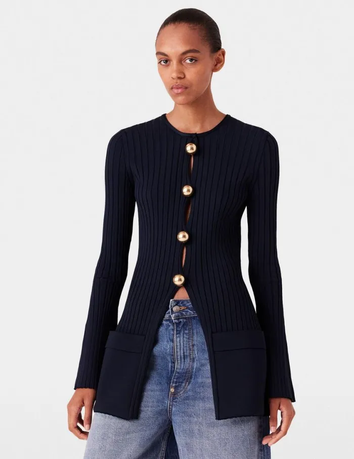 Women Ribbed Long Sleeve Cardigan Deep Navy Stella McCartney Knitwear