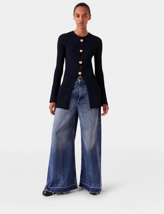 Women Ribbed Long Sleeve Cardigan Deep Navy Stella McCartney Knitwear