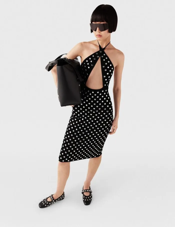 Women Studded Halterneck Midi Dress Black And Sliver Stella McCartney Dresses Women Studded Halterneck Midi Dress Black And Sliver Stella McCartney Dresses