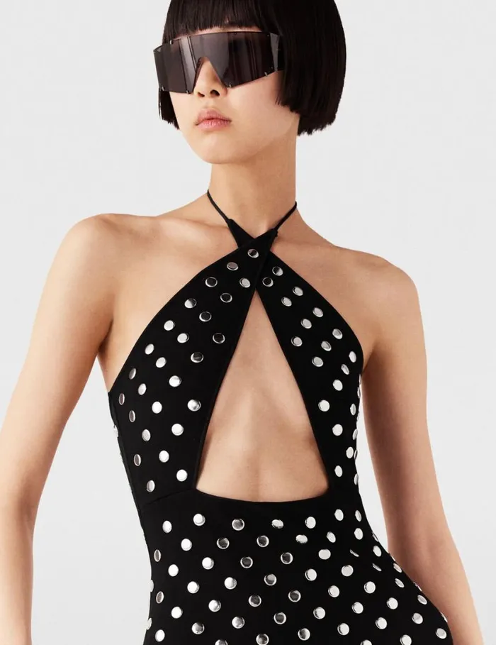 Women Studded Halterneck Midi Dress Black And Sliver Stella McCartney Dresses Women Studded Halterneck Midi Dress Black And Sliver Stella McCartney Dresses