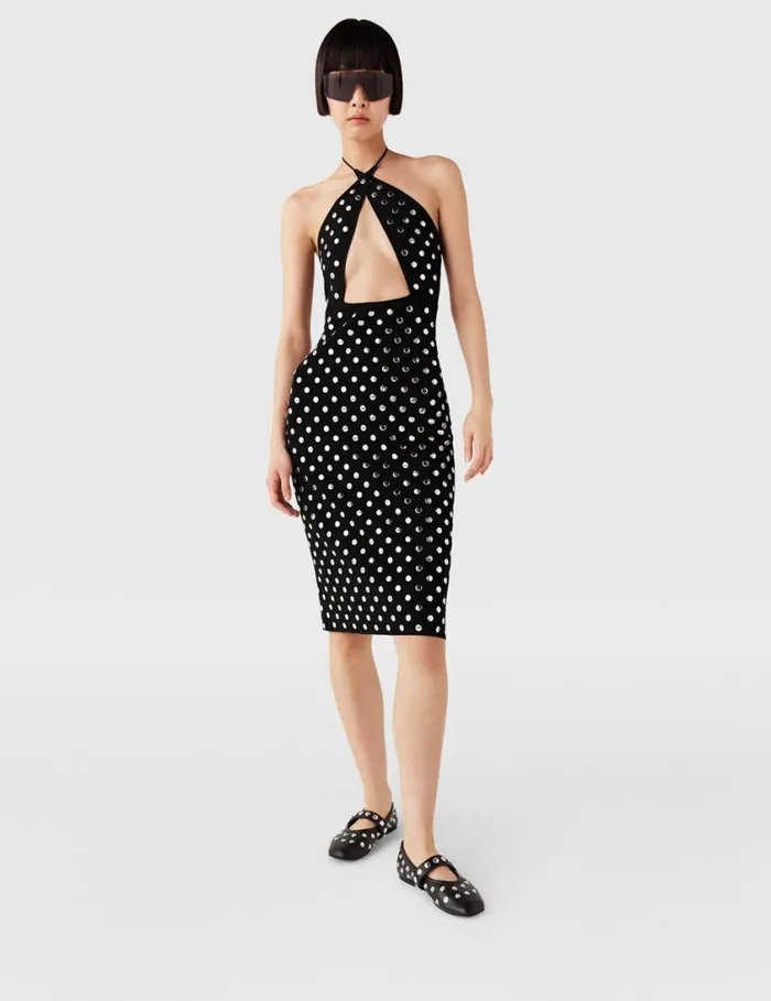 Women Studded Halterneck Midi Dress Black And Sliver Stella McCartney Dresses Women Studded Halterneck Midi Dress Black And Sliver Stella McCartney Dresses