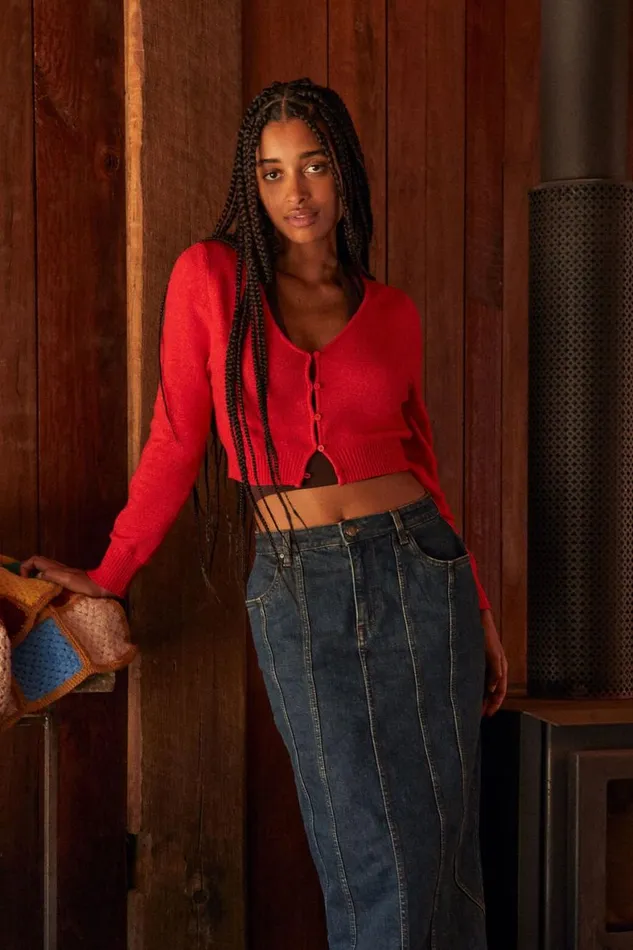 Women Sweaters and Cardigans Cotton On Everfine Crop V Neck Button Cardigan Crimson Marle