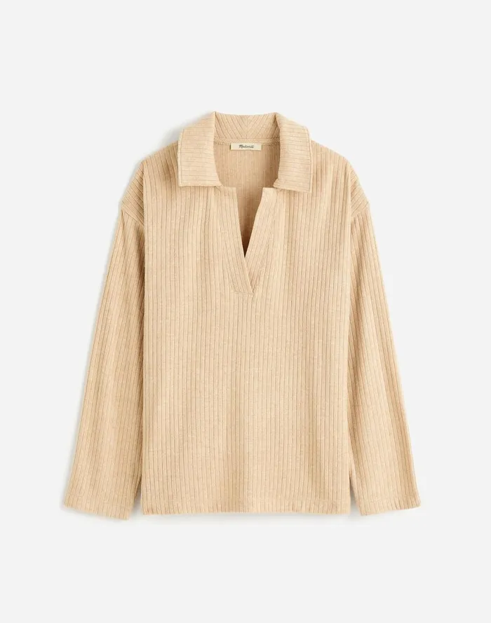 Women Tees Madewell Plus Relaxed LongSleeve Polo Tee Hthr Soft Fawn