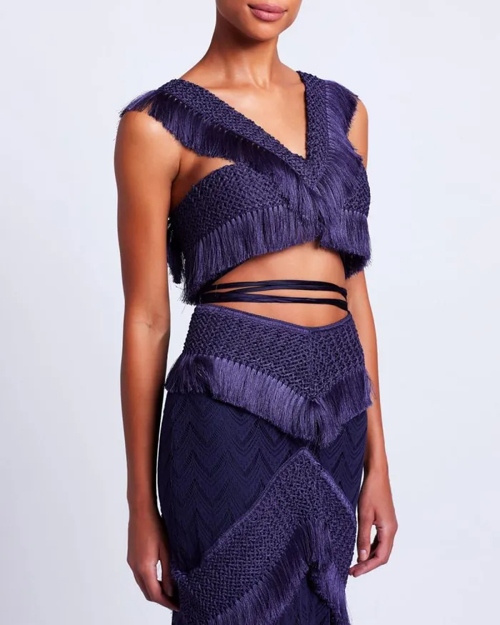 Women Tops and Bodysuits PatBO Fringe Trim Cropped Top FINAL SALE Indigo