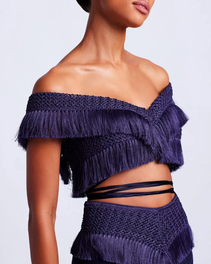 Women Tops and Bodysuits PatBO Fringe Trim Cropped Top FINAL SALE Indigo