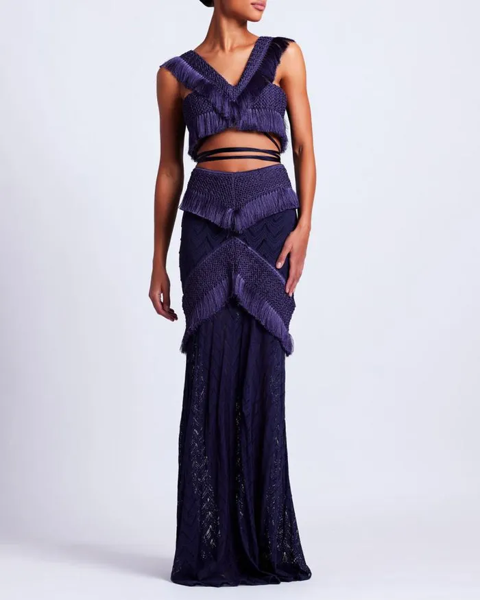Women Tops and Bodysuits PatBO Fringe Trim Cropped Top FINAL SALE Indigo