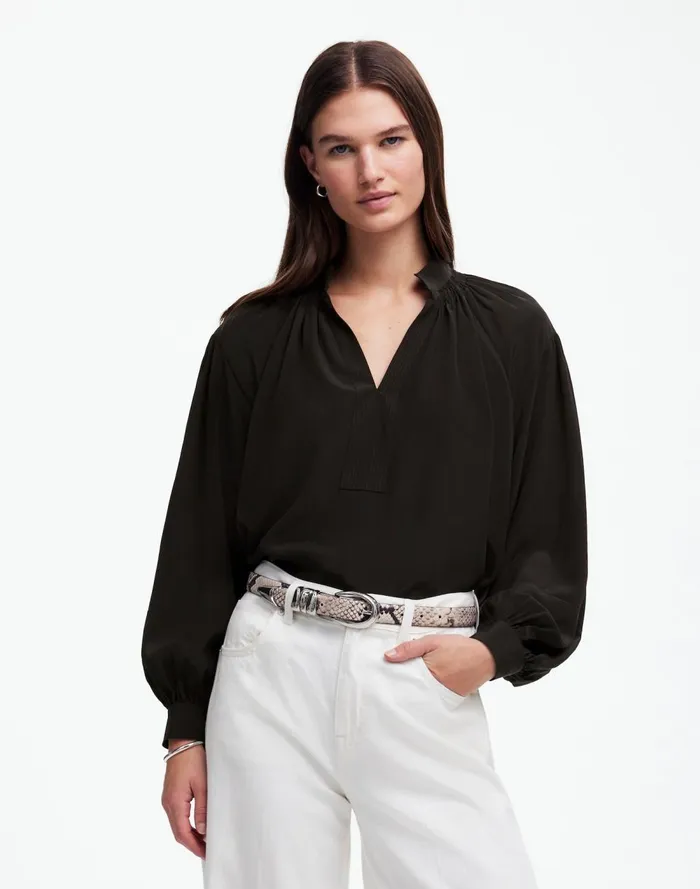 Women Tops and Shirts Madewell Shirred LongSleeve Top In Silk True Black