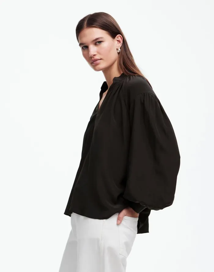 Women Tops and Shirts Madewell Shirred LongSleeve Top In Silk True Black