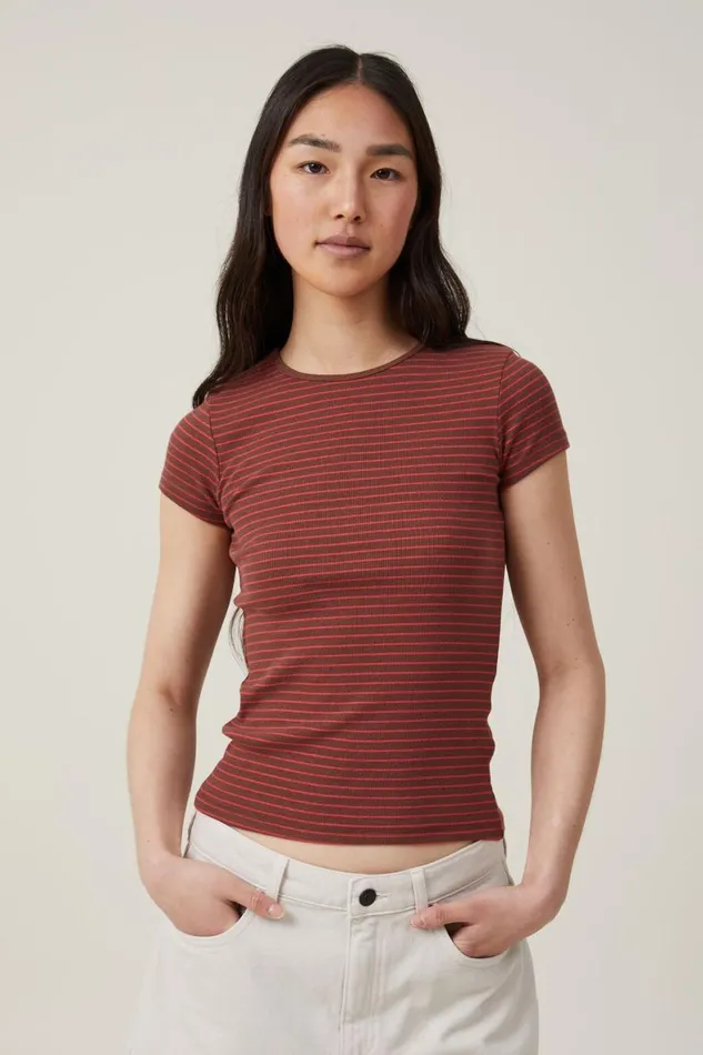 Women Tops Cotton On The One Organic Rib Crew Short Sleeve Tee Eliza Stripe Bottle Brown