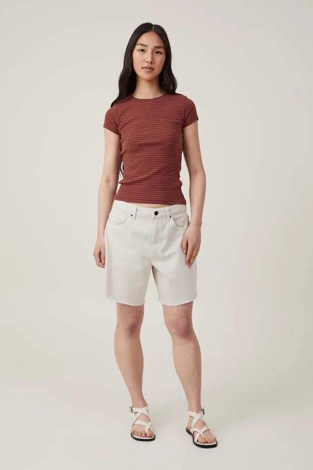 Women Tops Cotton On The One Organic Rib Crew Short Sleeve Tee Eliza Stripe Bottle Brown