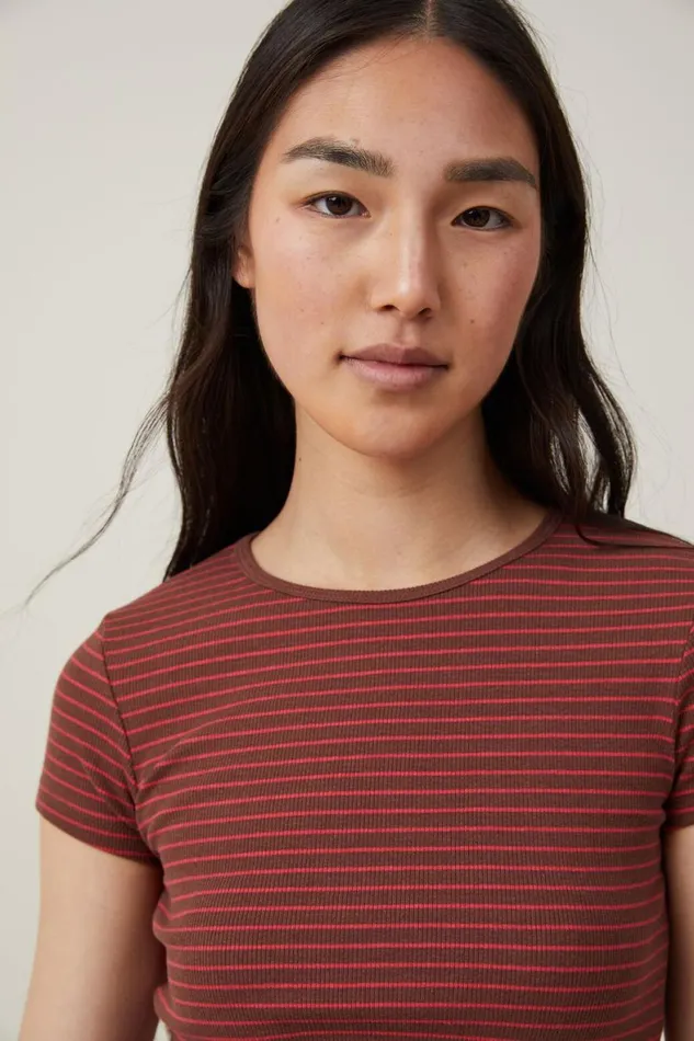 Women Tops Cotton On The One Organic Rib Crew Short Sleeve Tee Eliza Stripe Bottle Brown