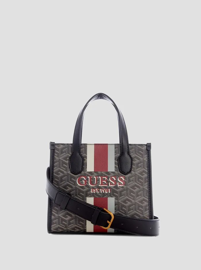 Women Tote Bags GUESS Black Logo Silvana Mini Tote Bag Women Tote Bags GUESS Black Logo Silvana Mini Tote Bag