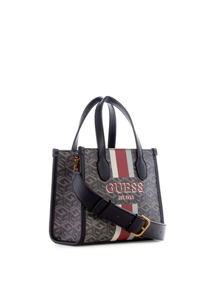 Women Tote Bags GUESS Black Logo Silvana Mini Tote Bag Women Tote Bags GUESS Black Logo Silvana Mini Tote Bag