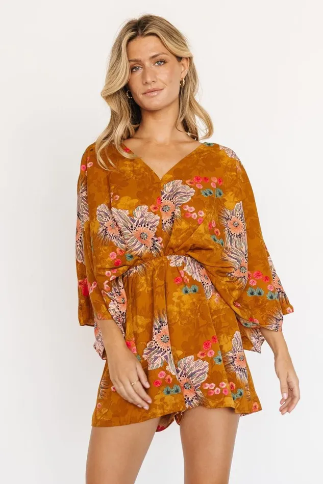 Women Tyler Kimono Romper Camel Multi Baltic Born Jumpsuits and Rompers Women Tyler Kimono Romper Camel Multi Baltic Born Jumpsuits and Rompers