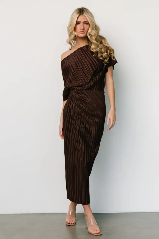Women Winslow Pleated Midi Dress Dark Brown Baltic Born Midi Dresses Women Winslow Pleated Midi Dress Dark Brown Baltic Born Midi Dresses