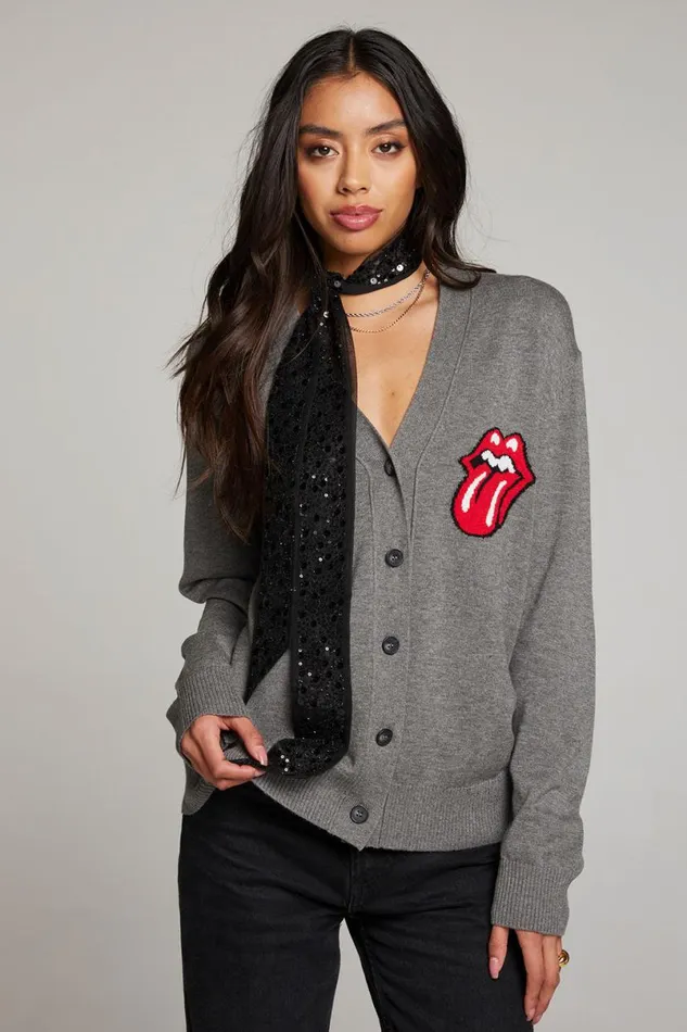 Womens Tops Chaser Brand Rolling Stones Cardigan Logo Intarsia Knit Vibe Cardigan