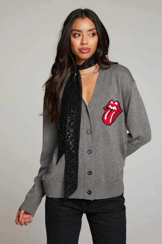 Womens Tops Chaser Brand Rolling Stones Cardigan Logo Intarsia Knit Vibe Cardigan