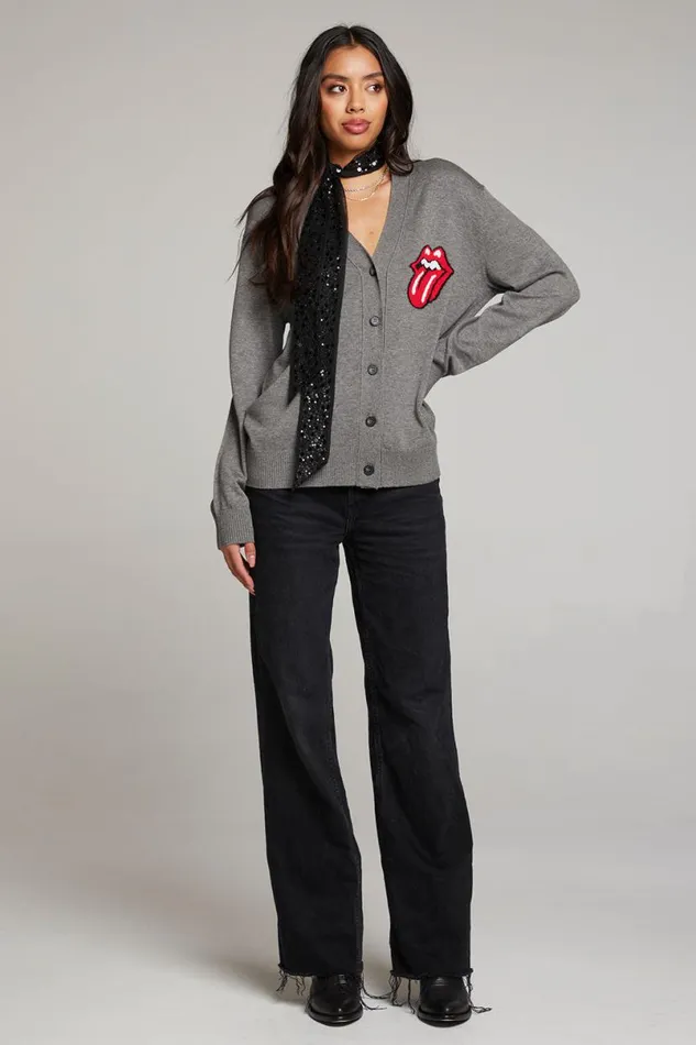 Womens Tops Chaser Brand Rolling Stones Cardigan Logo Intarsia Knit Vibe Cardigan