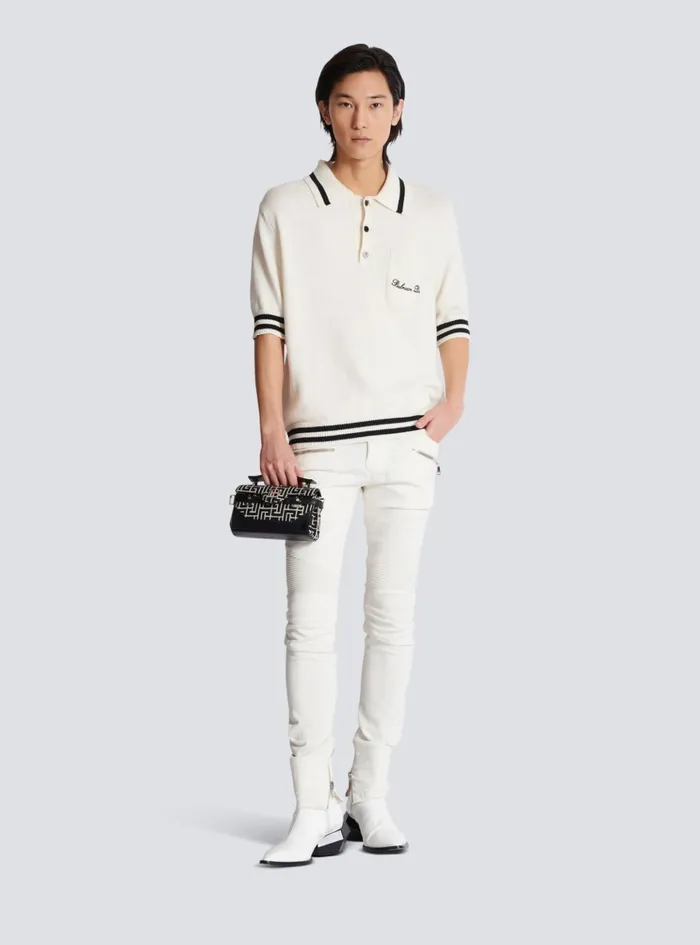 Wool Polo Shirt With Signature Embroidery White Men Balmain Shirts And Polos