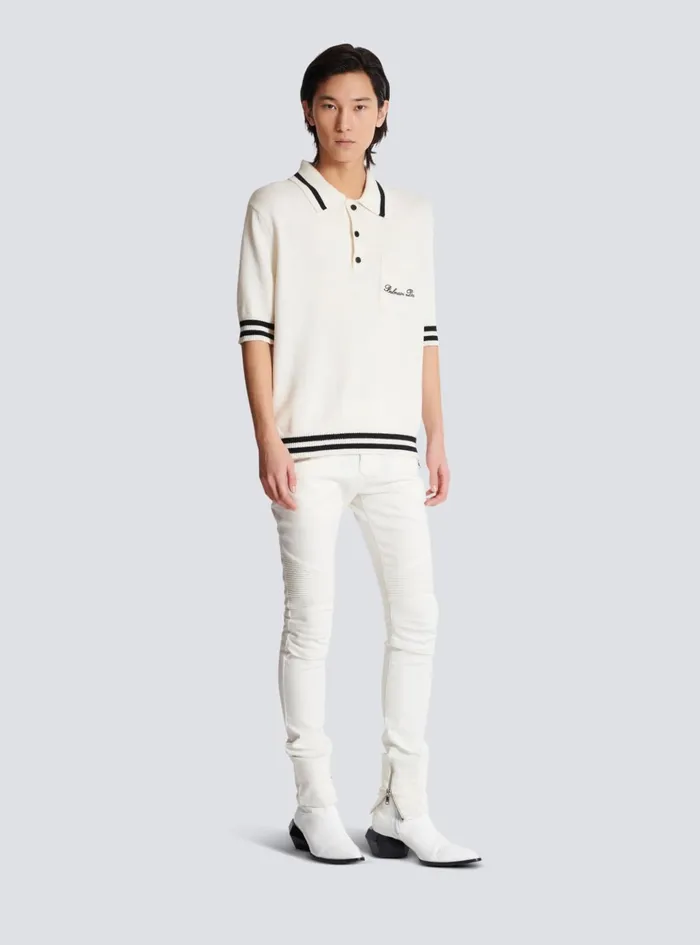 Wool Polo Shirt With Signature Embroidery White Men Balmain Shirts And Polos