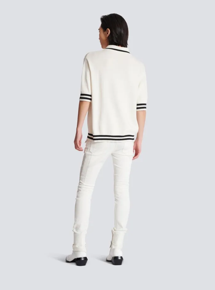 Wool Polo Shirt With Signature Embroidery White Men Balmain Shirts And Polos