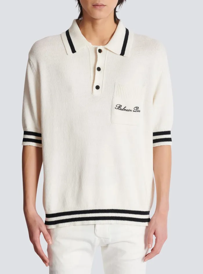 Wool Polo Shirt With Signature Embroidery White Men Balmain Shirts And Polos