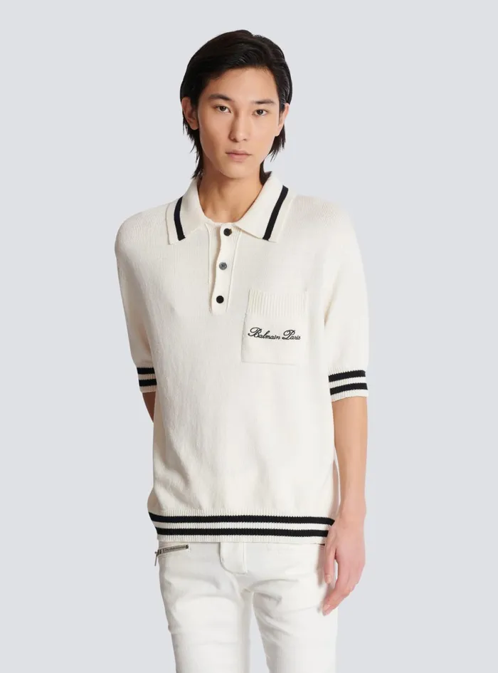 Wool Polo Shirt With Signature Embroidery White Men Balmain Shirts And Polos