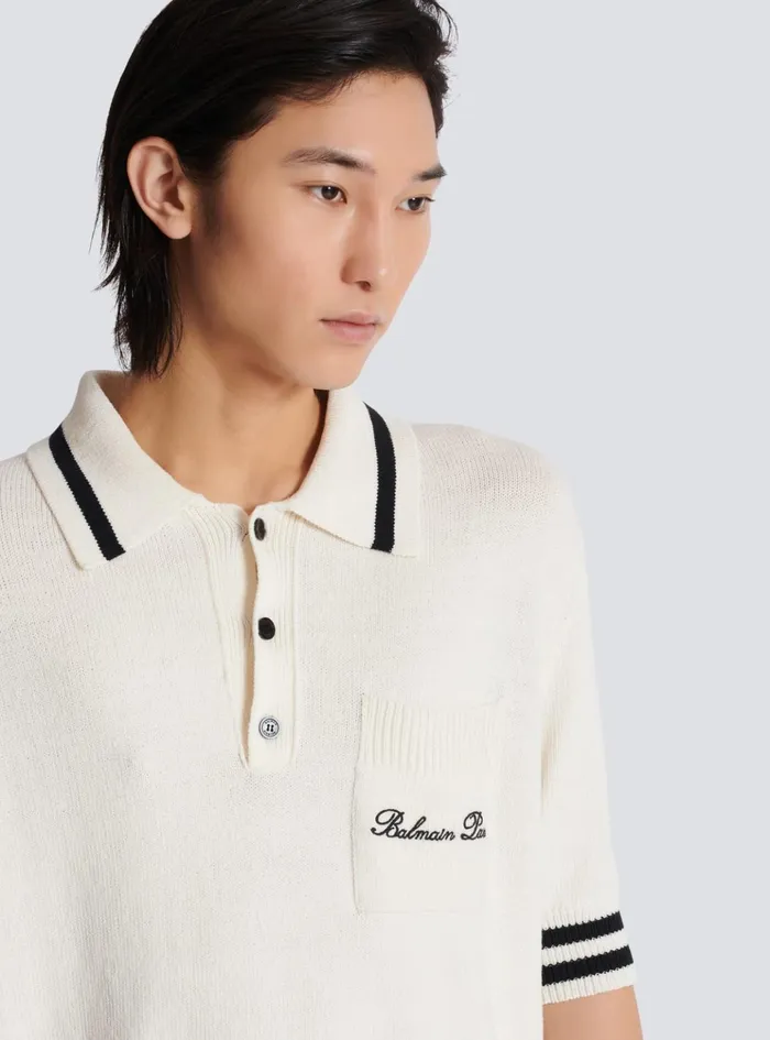 Wool Polo Shirt With Signature Embroidery White Men Balmain Shirts And Polos
